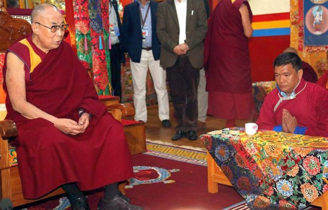 The Dalai Lama with Arunachal Pradesh Chief Minister Pema Khandu at the Thubchog Gatsel Ling monastery in Bomdila, West Kameng district, Arunachal Pradesh, April 2017. Photograph: PTI Photo