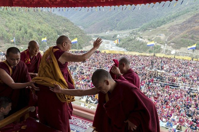 The Dalai Lama during his visit to Arunachal Pradesh in April 2017. His Holiness stopped between Tawang and Bomdila to consecrate the Thupsung Dhargyeling monastery in Dirang and and deliver teachings. Photograph: PTI