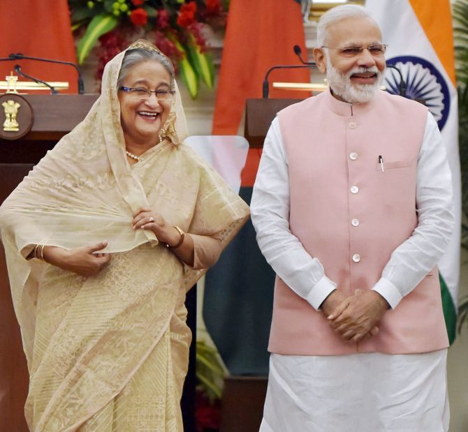 Prime Minister Modi, right, with Bangladesh Prime Minister Sheikh Hasina. Photograph: Vijay Verma/PTI Photo