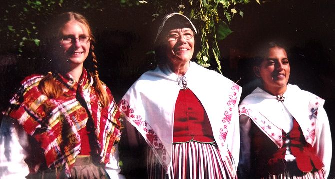 Erika dons her traditional Swedish costume along with her mother Inga-Maja and a relative. Photo: Vaihayasi Pande Daniel