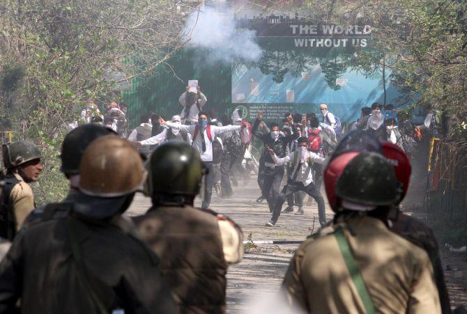 Students clashed with security forces in several places in the Kashmir valley April 17, 2017 during protests against the alleged 'highhandedness' of security forces at a college in Pulwama in south Kashmir. Photograph: Umar Ganie