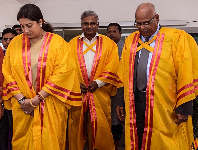 Smriti Irani, left, then the Union HRD minister and the chief guest at IIT- Bhubaneswar's 4th convocation, accompanied by Sushil Kumar Roongta, Chairman, Board of Governors, IIT-Bhubaneswar, right, and Professor. Ratnam V Raja Kumar, Director, IIT- Bhubaneswar, September 12, 2015. Image only published for representational purposes.