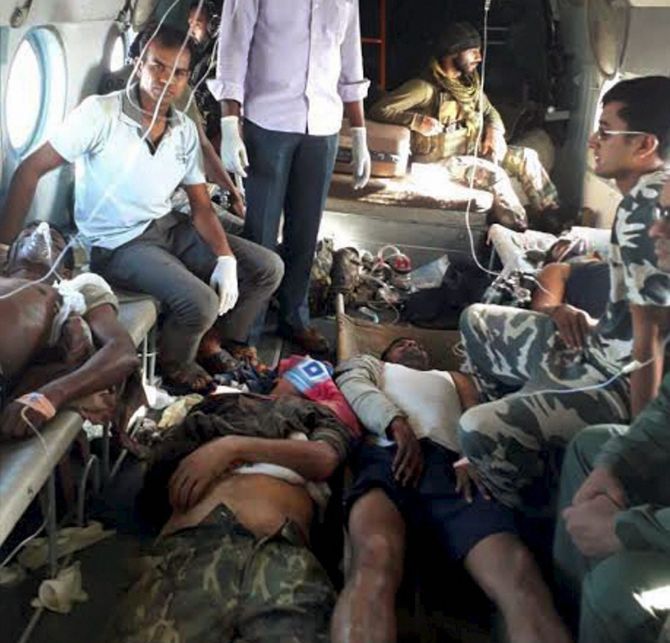 Injured CRPF personnel flown to Raipur for treatment following a Naxalite attack at Burkapal near Chintagufa in Bastar, April 24, 2017. Photograph: PTI Photo