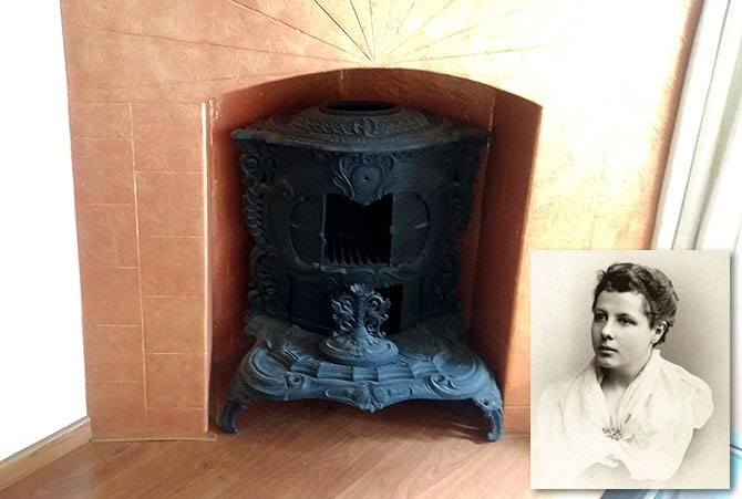 Fireplace with an iron grate