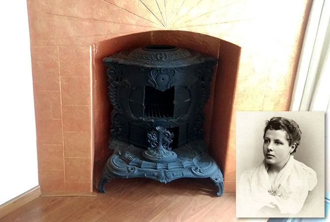 Fireplace with an iron grate