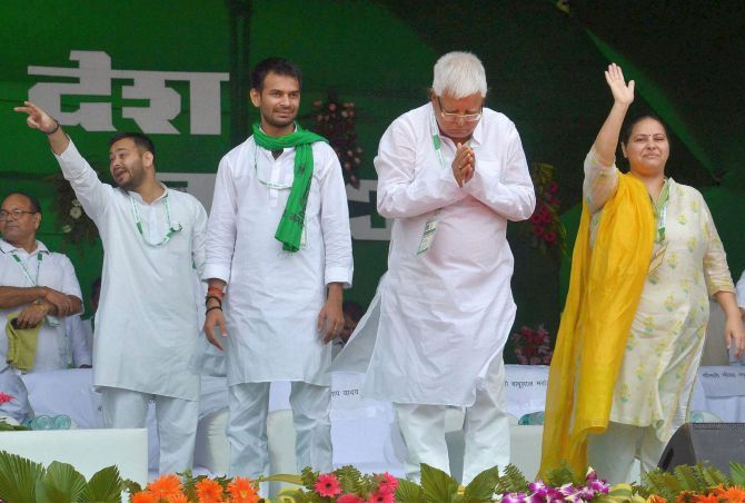 RJD Supremo Lalu Prasad Yadav with his daughter Misa Bharti and sons Tej Pratap and Tejashwi Yadav. The RJD ruled Bihar from 1990 to 2005. Photograph: PTI Photo