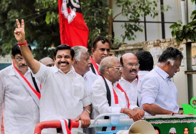 AIADMK leader and Tamil Nadu Chief Minister Edappadi K Palaniswami flashes the V sign. Photograph: PTI Photo
