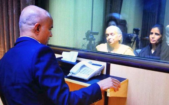 Kulbhushan Jadhav meets his mother Avanti and wife Chetna at Pakistan's foreign ministry in Islamabad. Photograph: Pakistan foreign office