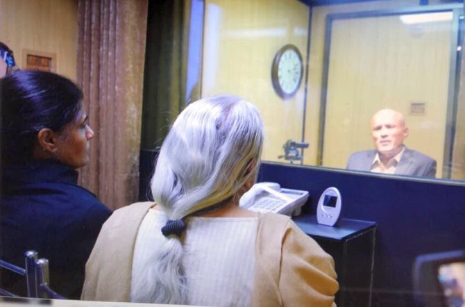 Kulbhushan Jadhav meets his mother and wife, Avanti and Chetankul, at Pakistan's ministry of foreign affairs in Islambad, December 25, 2017. Photograph: Kind courtesy Pakistan foreign office
