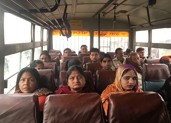 Women passengers in a UP Government bus. Photograph: Seema Pant