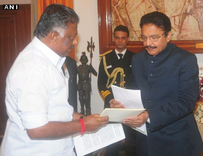Tamil Nadu Chief Minister O Panneerselvam with Governor Ch Vidyasagar Rao in Chennai, February 9, 2017.