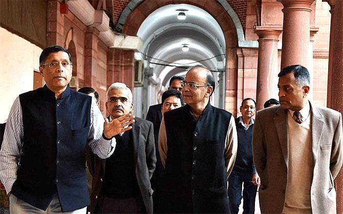 Dr Arvind Subramanian, then chief economic advisor to the finance ministry, left, with Finance Minister Arun Jaitley, third from left. Second from left is Shaktikanta Das, then the economic affairs secretary and now the governor of the Reserve Bank of India.