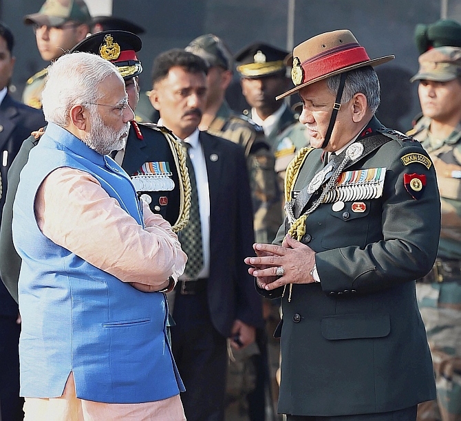 General Bipin Rawat, chief of the army staff, brief Prime Minister Narendra Damodardas Modi on the security situation in Kashmir after four soldiers were slain in a firefight with terrorists, February 14, 2017. Photograph: Kamal Singh/PTI Photo
