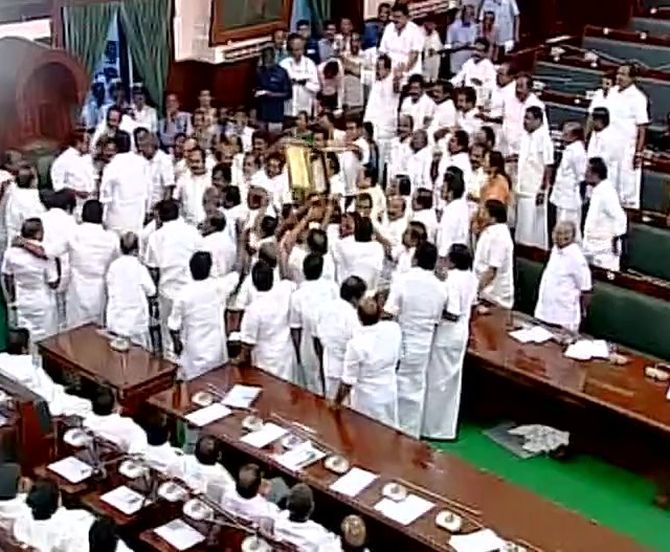 An unruly scene during the trust vote in the Tamil Nadu assembly, February 18, 2017.