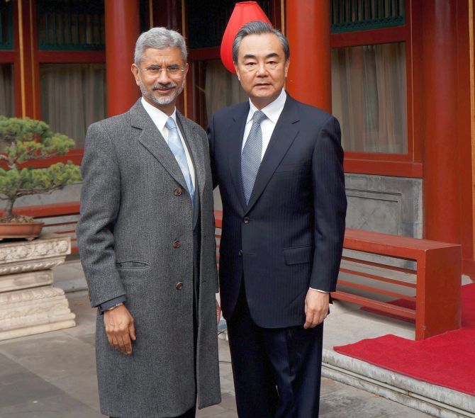 IMAGE: Foreign Secretary Dr S Jaishankar with Chinese Foreign Minister Wang Yi in Beijing, February 22, 2017. Photograph: PTI Photo