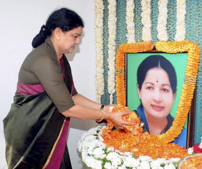 V K Sasikala pays homage to J Jayalalithaa, her companion of 30 years, whose administrative and political mantle she has now inherited.