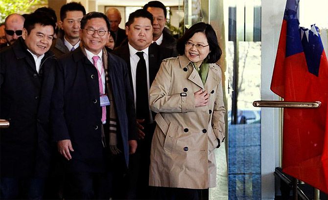 Taiwan President Tsai Ing-wen exits the Omni Houston Hotel in Houston during a 'transit stop' enroute to Central America, January 7, 2017.
