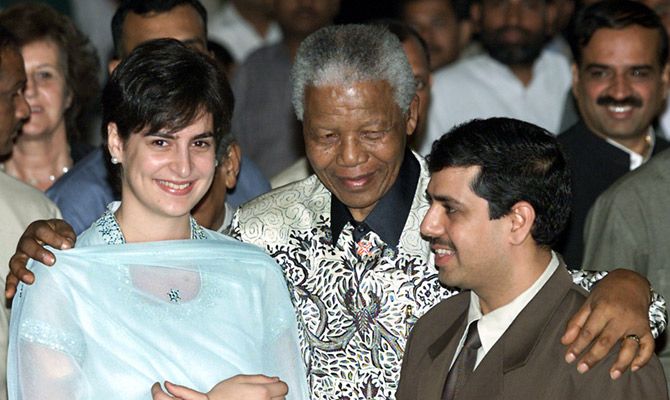 Nelson Mandela with Priyanka Gandhi and Robert Vadra in New Delhi, March 16, 2001.