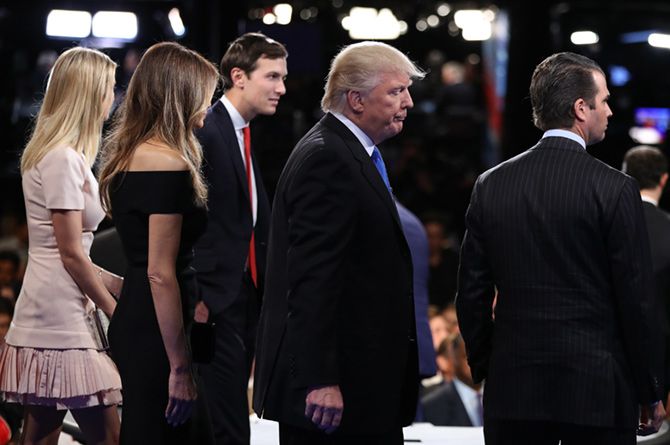 Donald Trump accompanied by his daughter Ivanka, wife Melania, son-in-law Jared Kushner and son Donald Trump, Jr. Photograph: Joe Raedle/Reuters
