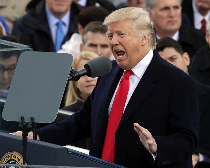 President Donald J Trump delivers his inaugural address. Photograph: Chip Somodevilla/Getty Images