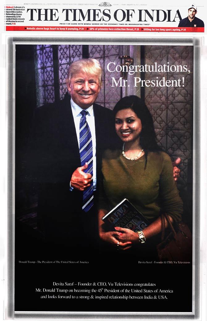 Devita Saraf's front page advertisement on the day of Donald Trump's inauguration