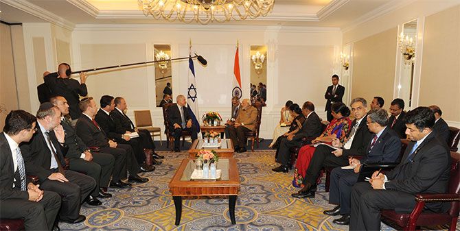 Prime Minister Narendra Modi meets Israeli Prime Minister Benjamin Netanyahu in New York, September 28, 2014, the encounter led to closer ties between the two nations. Photograph: Press Information Bureau