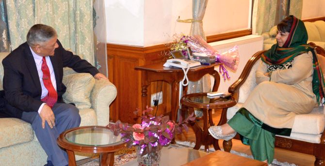 Jammu and Kashmir Chief Minister Mehbooba Mufti with army chief General Bipin Rawat in Srinagar after terrorists killed Amarnath Yatra pilgrims, July 2017. Photograph: Umar Ganie