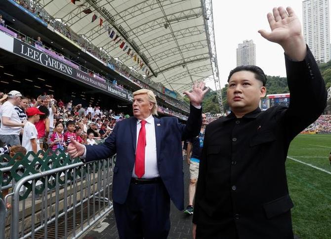 Impersonators of Kim Jong-un and US President Donald J Trump.