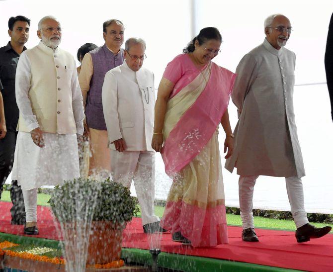 Vice President Hamid Ansari, right, with Lok Sabha Speaker Sumitra Mahajan, then President Pranab Mukherjee, Prime Minister Narendra D Modi and Parliamentary Affairs Minister Ananth Kumar. Photograph: Atul Yadav/PTI Photo