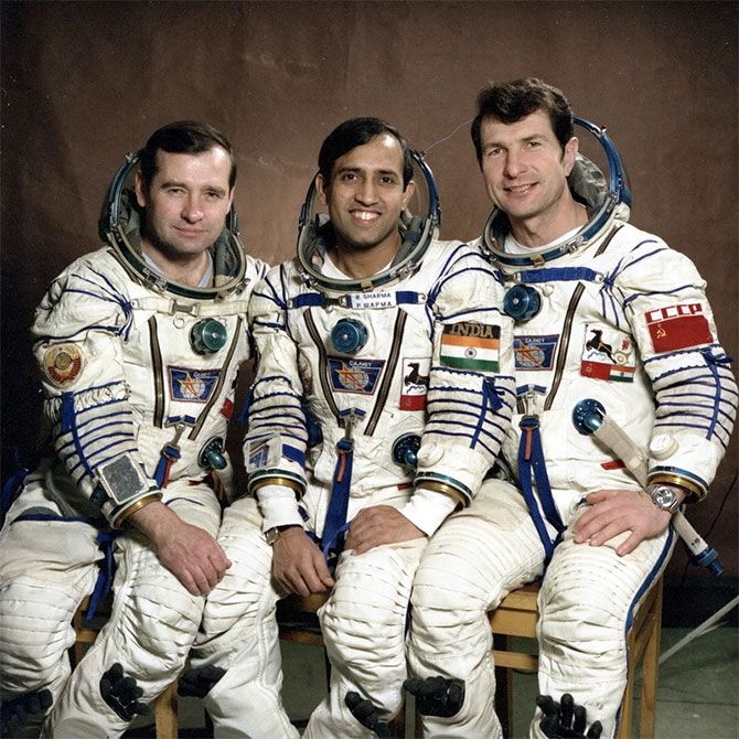 Then Squadron Leader Rakesh Sharma, the first Indian in space, with Ship Commander Yury Malyshev, right, and Flight Engineer Gennady Strekalov, left. The cosmonauts were launched from the Baikonur Cosmodrome in present day Kazakhstan in a Soviet rocket Soyuz T-11. Photograph: Kind courtesy Spacefacts.de