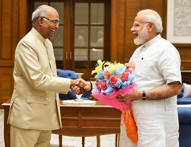 Bihar Governor Ram Nath Kovind -- the National Democratic Alliance candidate for the Presidency -- meets Prime Minister Narendra Modi in New Delhi, June 19, 2017. Photograph: Press Information Bureau