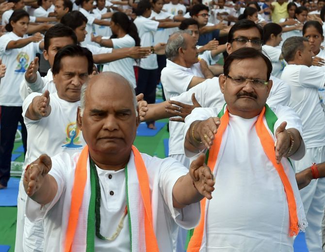 Ram Nath Kovind. the National Democratic Alliance's Presidential candidate, at an International Yoga Day event in New Delhi, June 21, 2017. Photograph: Atul Yadav/PTI Photo