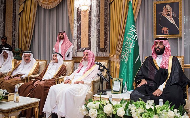 Crown Prince Mohammed bin Salman, right, during a ceremony pledging allegiance to him in Mecca, June 21, 2017. Photograph: Bandar Algaloud/Courtesy of Saudi Royal Court/via Reuters