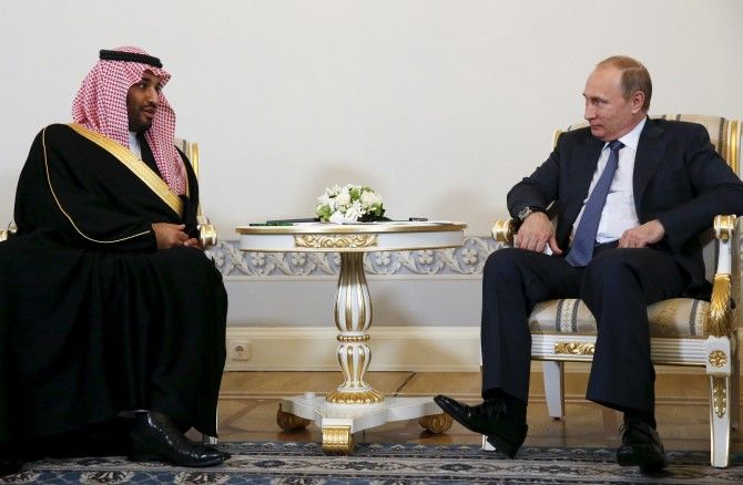 Russian President Vladimir Putin with Prince Mohammad Bin Salman, now Saudi Arabia's crown prince, at the Konstantin Palace in St Petersburg, Russia, June 18, 2015. Photograph: Grigory Dukor/Reuters