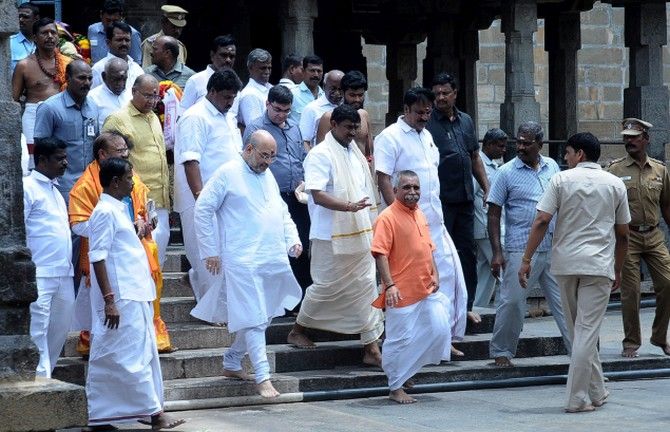 Bharatiya Janata Party President Amit A Shah at the Arunachaleswarar temple in Thiruvannamalai on June 27, 2017 during a visit to Tamil Nadu. Photograph: PTI Photo