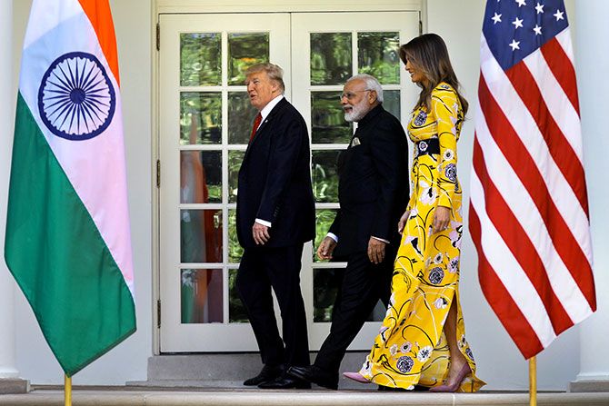 Prime Minister Narendra Modi with US President Donald Trump and First Lady Melania Trump at the White House, June 26, 2017. Photograph: Carlos Barria/Reuters
