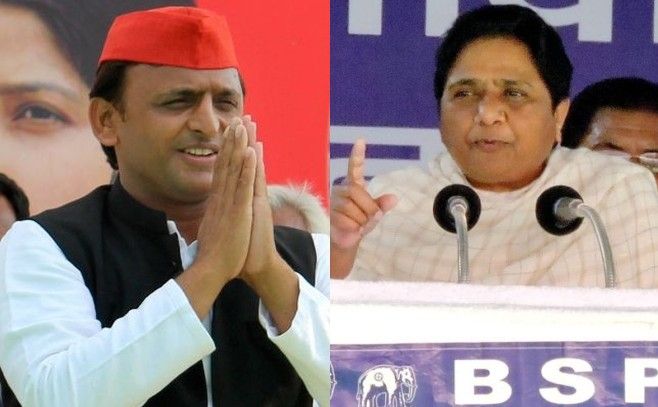 Samajwadi Party leader Akhilesh Yadav, left, and Bahujan Samaj Party supremo Mayawati