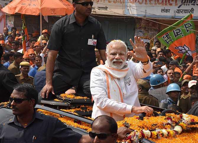 Prime Minister Narendra Modi at a road show in Varanasi on March 4, 2017