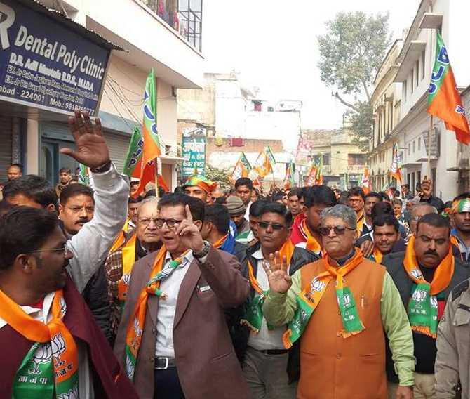 Ayodhya MLA Ved Prakash Gupta of the BJP campaigning in Ayodhya