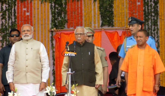 Prime Minister Narendra Modi with Uttar Pradesh Governor Ram Naik and Chief Minister Yogi Adityanath. Photograph: Sandeep Pal