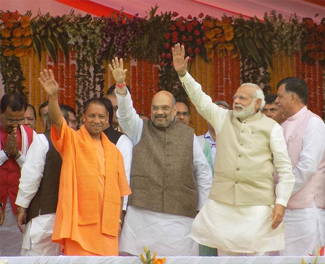 Uttar Pradesh Chief Minister Yogi Adityanath, Bharatiya Janata Party President Amit Shah, Prime Minister Narendra Modi at the swearing-in ceremony in Lucknow, March 19, 2017. Photograph: Sandeep Pal