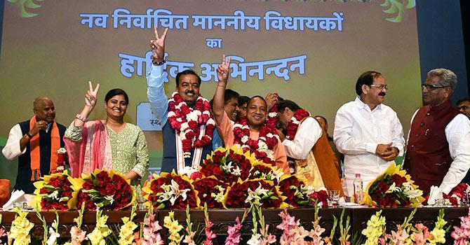 A joyous Adityanath after his election as leader of the BJP legislature party in UP. Photograph: Sandeep Pal