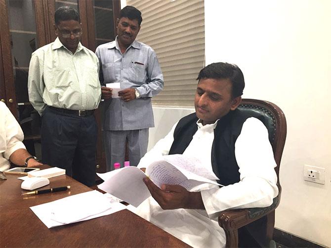 Akhilesh Yadav in his Lucknow office on a Sunday. Photograph: Archana Masih