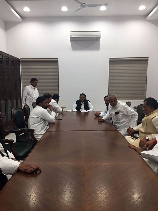 Akhilesh Yadav, the Samajwadi Party's national president, with SP leaders from all over the country, at his Lucknow office, March 26, 2017. Photograph: Archana Masih/Rediff.com