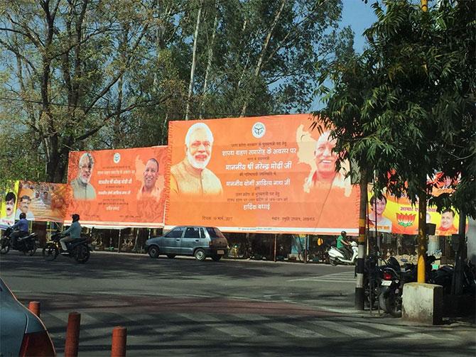 Posters felicitating UP Chief Minister Yogi Adityanath in Lucknow. Photograph: Archana Masih/Rediff.com