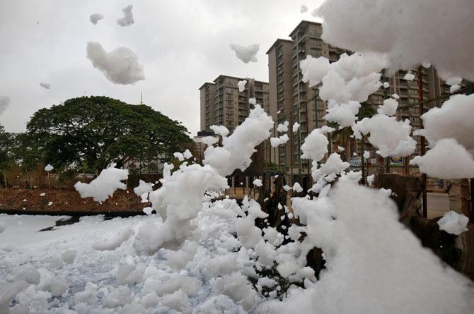 Toxic waste is given off from Bellandur Lake, Bengaluru. The lake is polluted with both sewage and chemicals, April 20, 2017. Photo: Abhishek N Chinnappa/Reuters