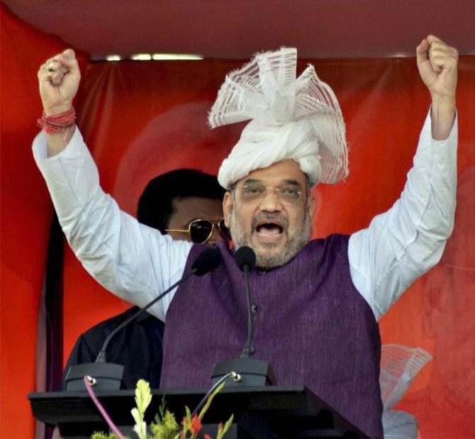 Bharatiya Janata Party President Amit A Shah at a rally in Tripura, May 2017. Photograph: PTI Photo