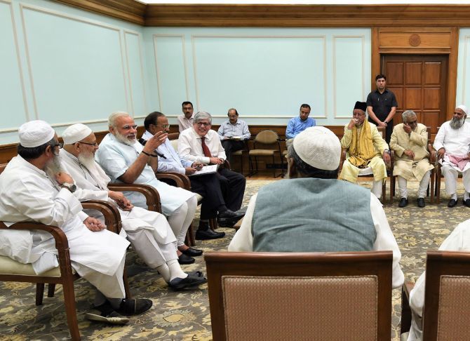 A delegation from the Muslim community, under the umbrella of the Jamiat Ulama-i-Hind, call on Prime Minister Narendra Damodardas Modi, May 9, 2017. Photograph: Press Information Bureau