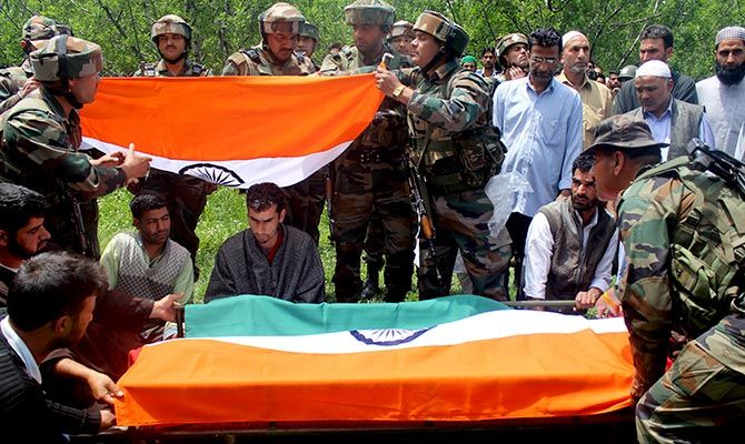 The tricolour draped on Lieutenant Umar Fayaz's coffin at his funeral, May 10, 2017. Photograph: Umar Ganie for Rediff.com