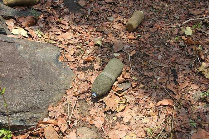 Water bottles used by these jawans were strewn across the thicket where the ambush between the Maoists and CRPF took place. The spot is about 100-200 metres, into the forest, away from the road. The troops were on their way back to the camp after a road opening exercise along the Dornapal-Chintagufa-Burkapal-Chintalnar-Jagargonda axis
